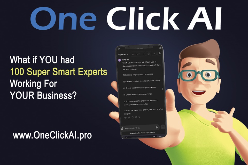 One click ai poster with a guy with green shirt holding up a phone